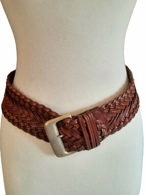 Vintage Brown Braided Wide Leather Belt w/Brass Buckle Sz M